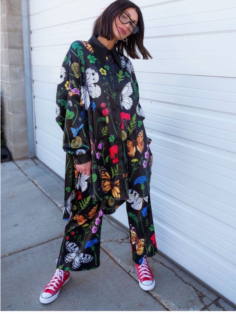 Dressed In Lala Posh Floral Oversized Satin Button Shirt And Pants Set